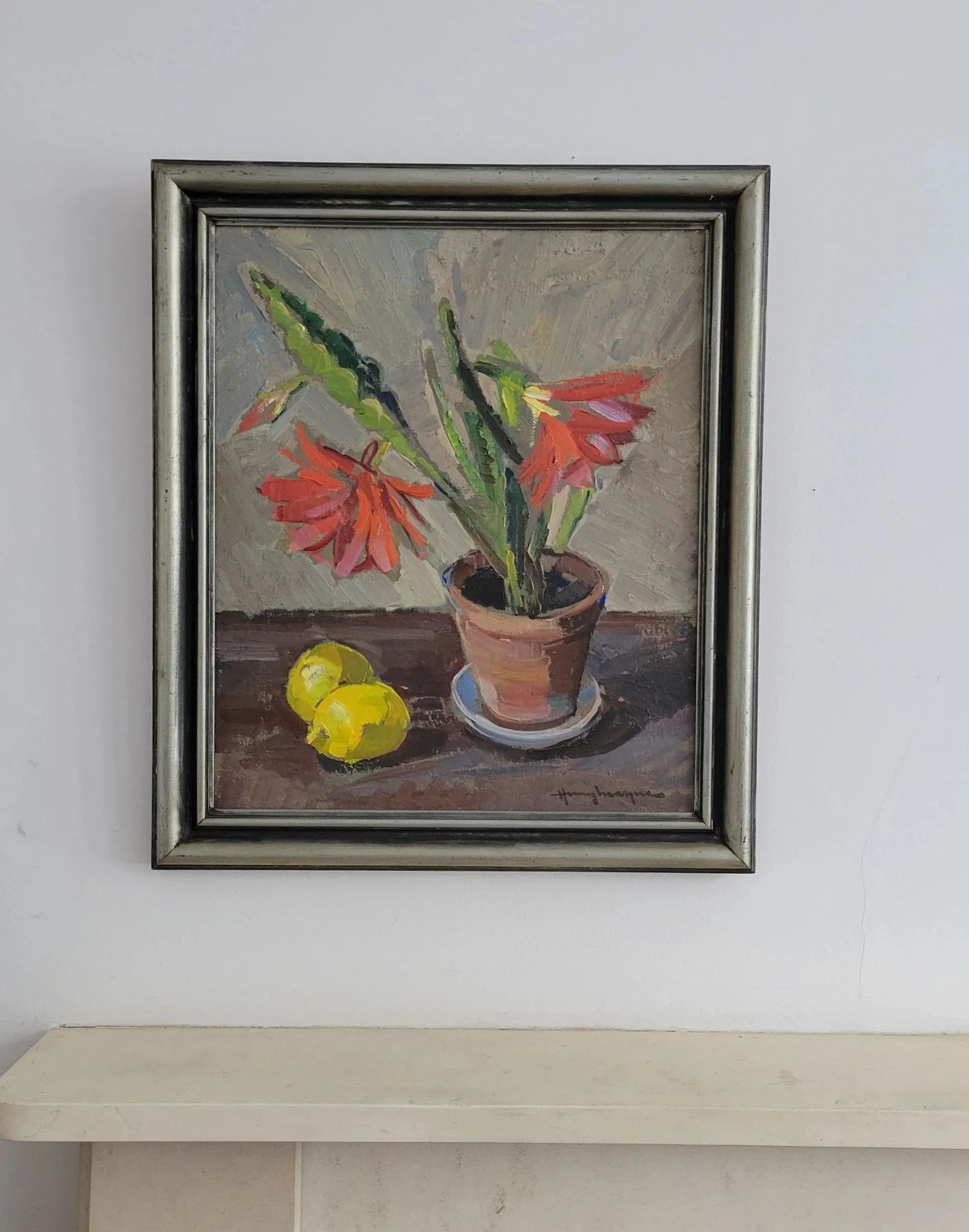 Red Blooms & Lemons Original Mid Century Vintage Floral