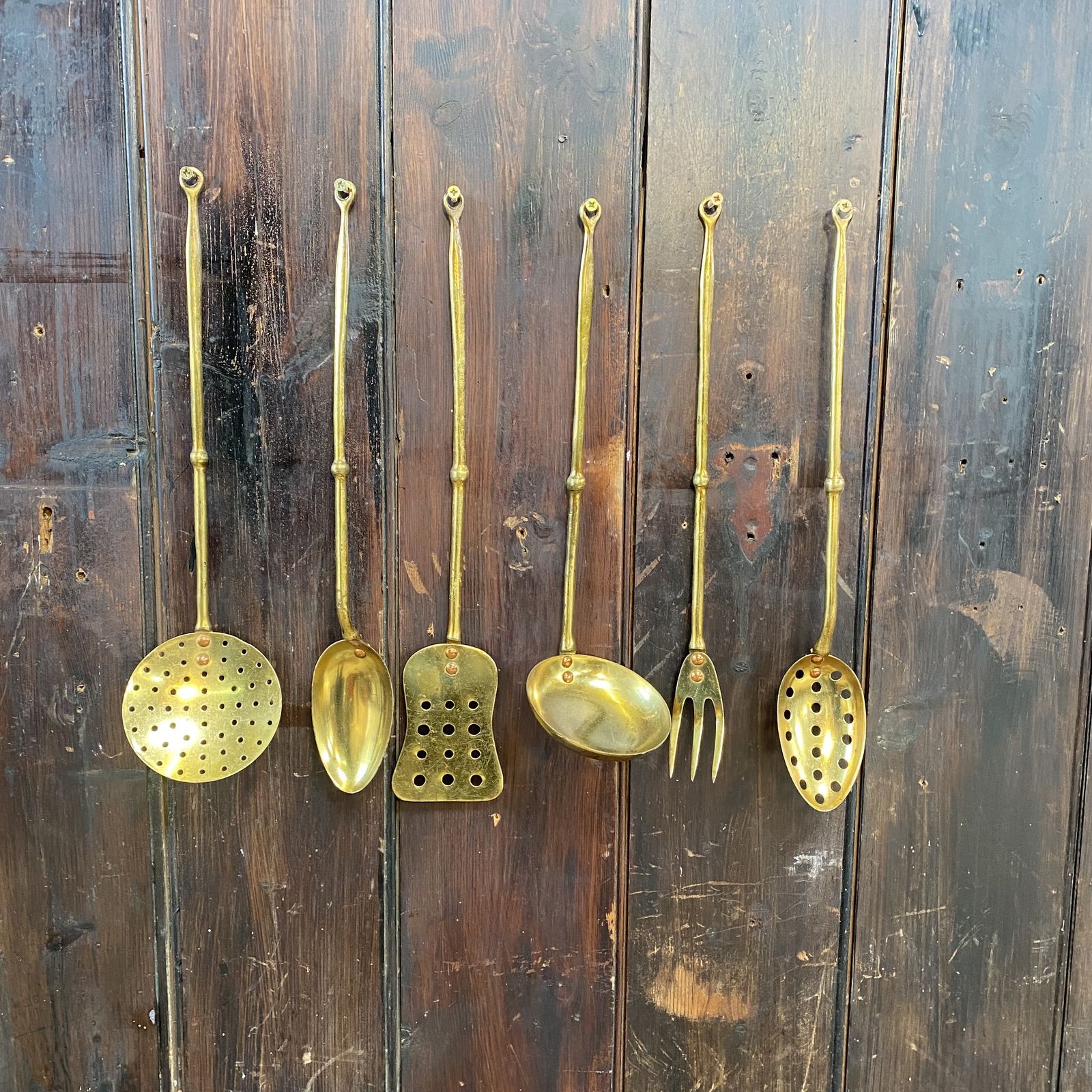Vintage Kitchenalia Brass Faux Bamboo Kitchen Utensils Serving Spoons Set Of 6