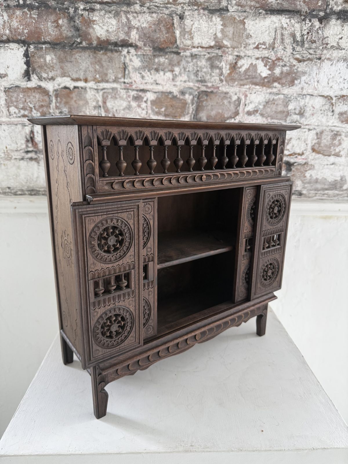 photo for sale Breton Miniature Apprentice Piece Wheel Cabinet, Carved Chestnut, Late 19th/Early 20th Century