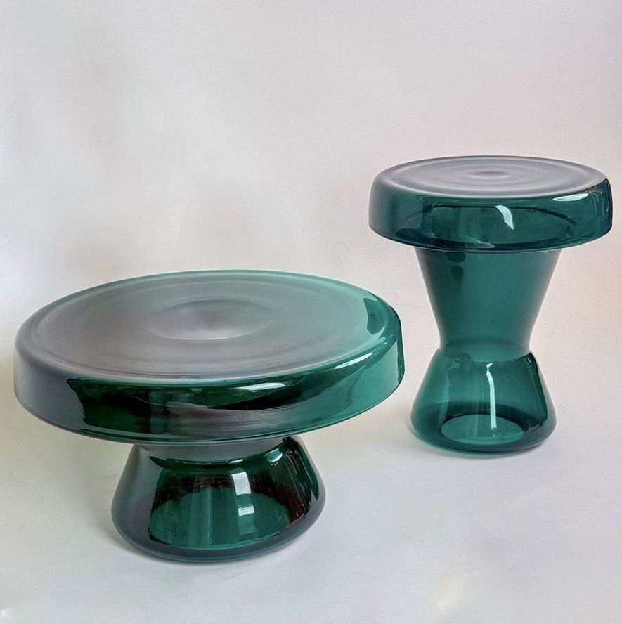 Paire de tables basses rondes en verre de Murano soufflé à la main, vert, contemporaines