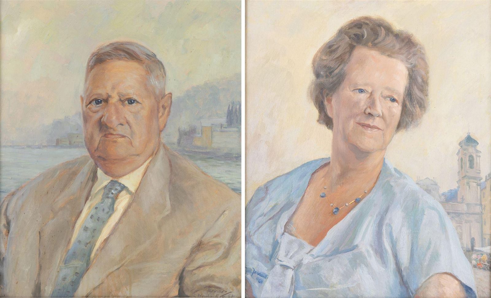 Pair Of Mid 20th C. Italian Portraits In Swept Gilt Frames photo for sale