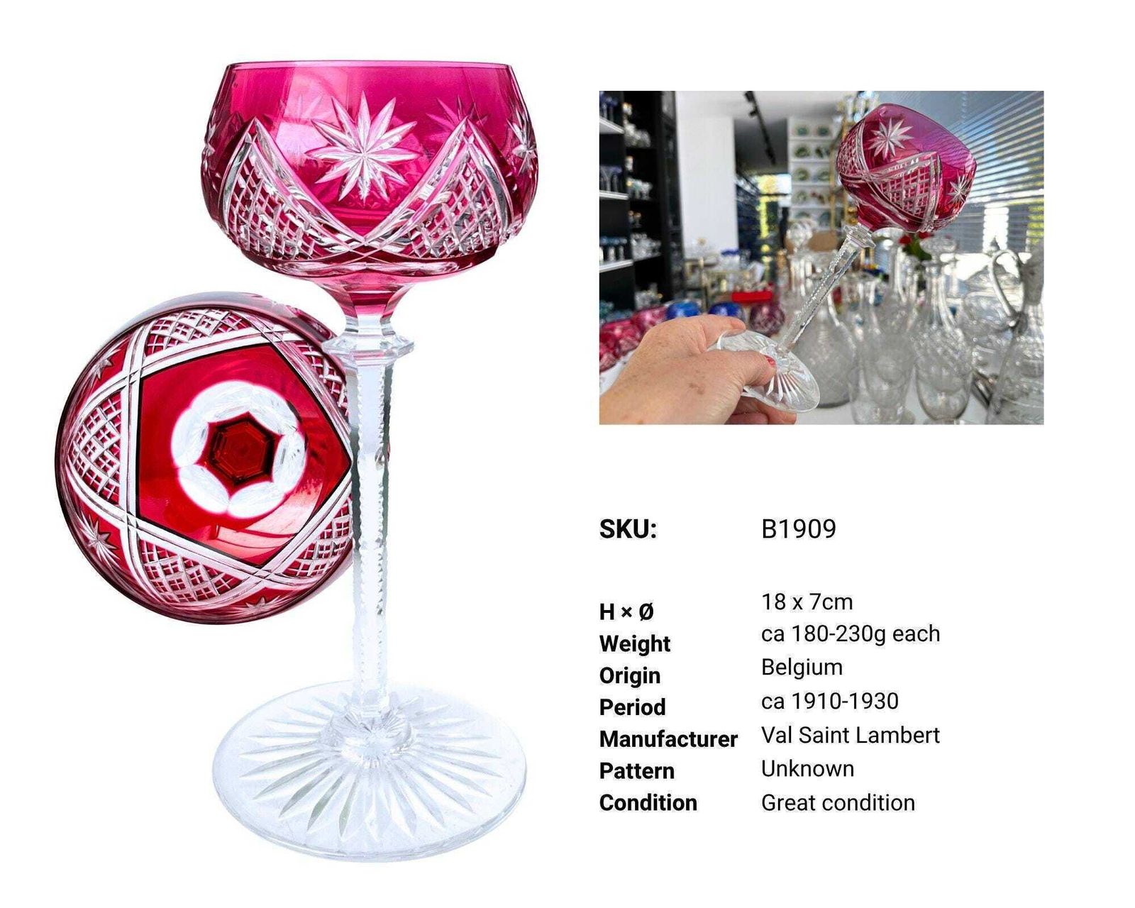Val Saint Lambert | Wijnglazen in rood | 6 stuks | Art Deco photo Woonaccessoires