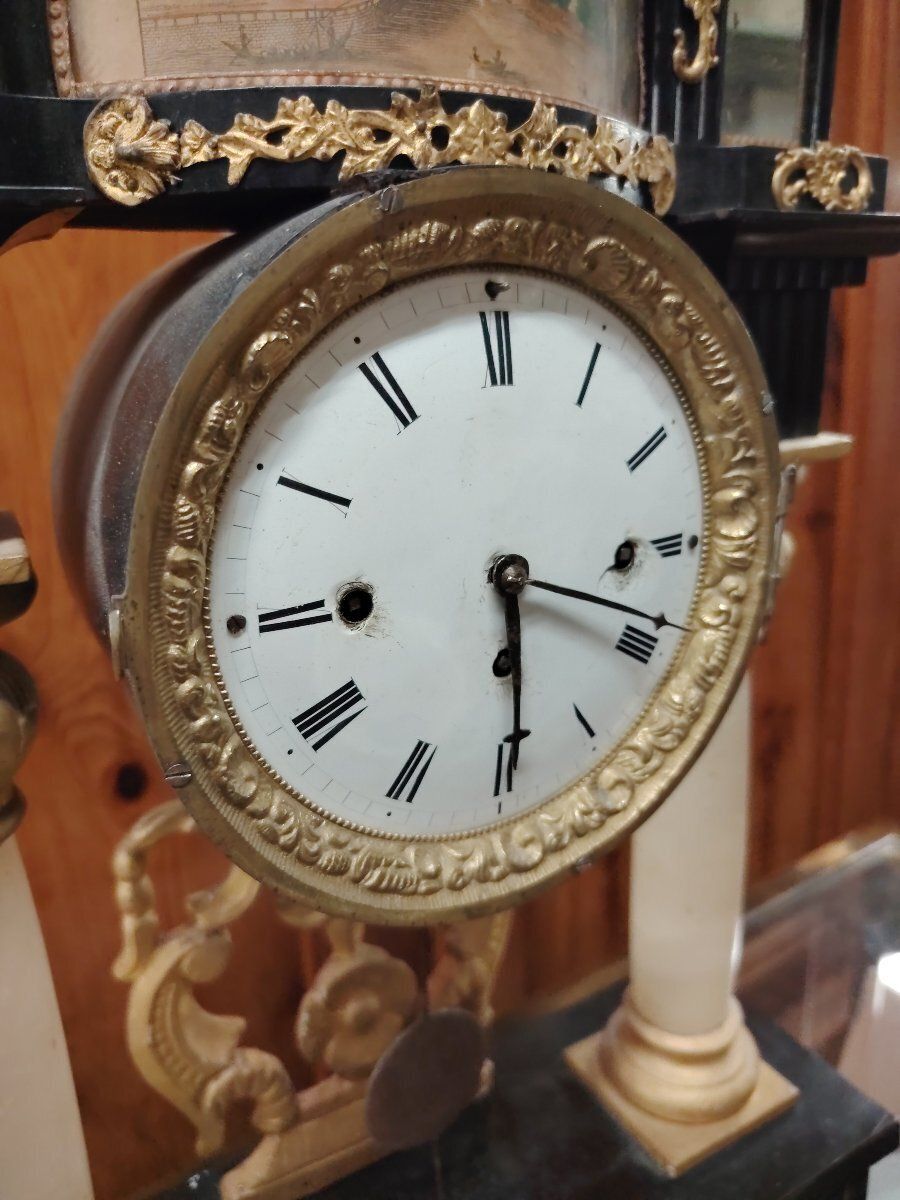 Biedermeier Mantel Clock In Ebonized And Gilded Wood, With Alabaster Columns, 19th Century photo Home Decor