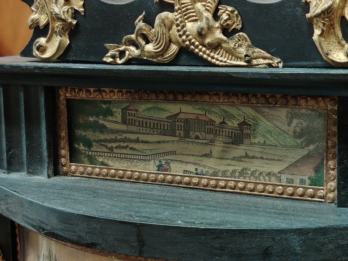 Biedermeier Mantel Clock In Ebonized And Gilded Wood, With Alabaster Columns, 19th Century photo vinterior
