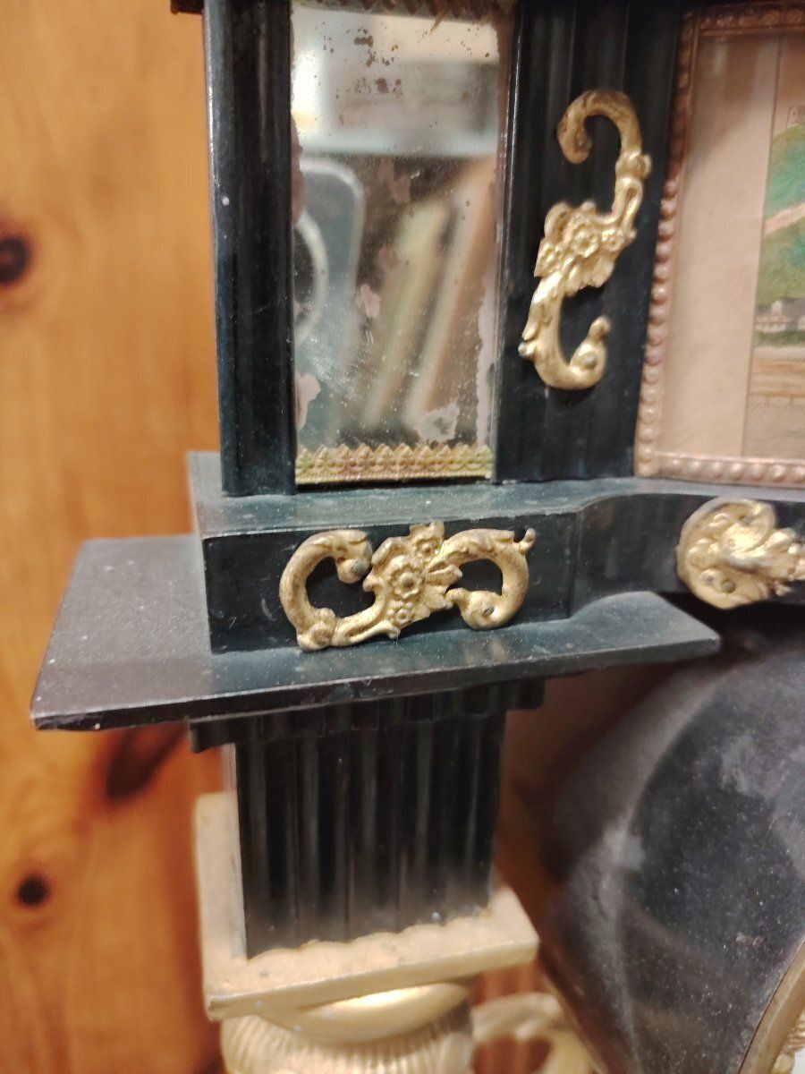 Biedermeier Mantel Clock In Ebonized And Gilded Wood, With Alabaster Columns, 19th Century photo vintage