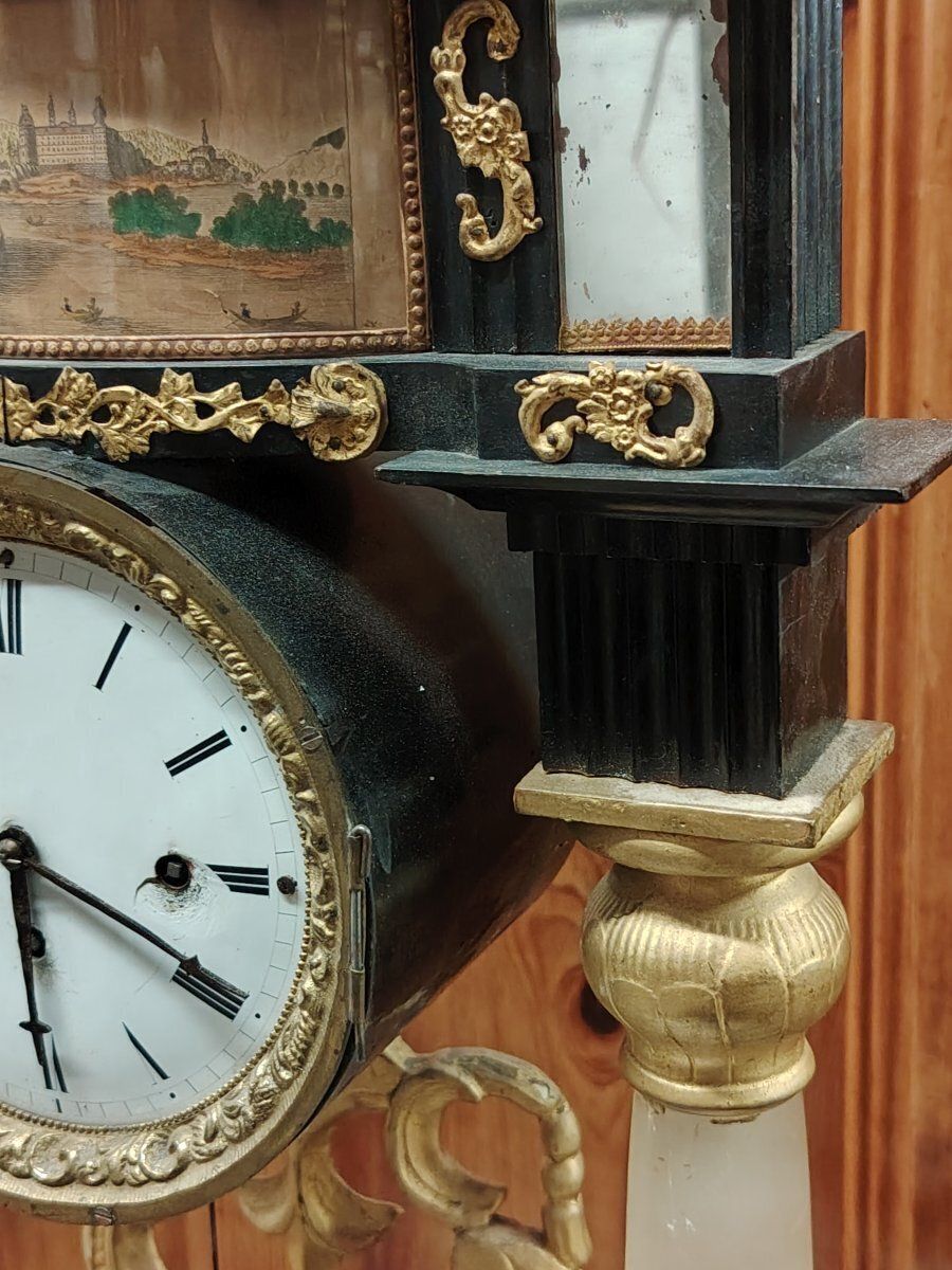 Home Decor Biedermeier Mantel Clock In Ebonized And Gilded Wood, With Alabaster Columns, 19th Century photo