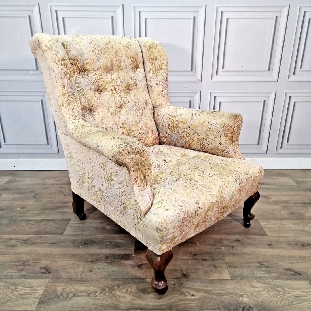 Vintage Wingback Armchair Upholstered Fireside Chair Cabriole Legs Antique Style