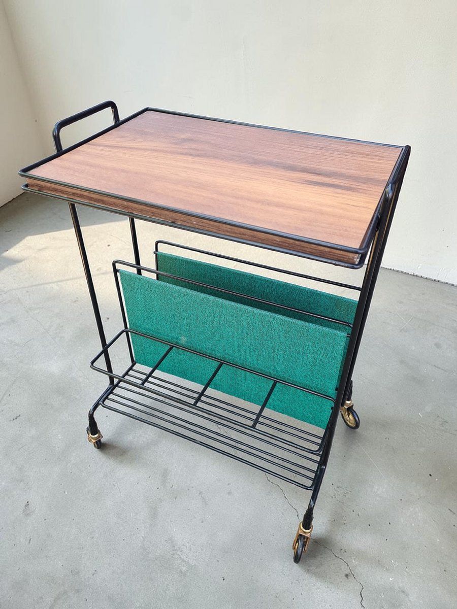 photo furniture Side Table With Magazine Rack On Casters In Metal And Veneer, 1960s