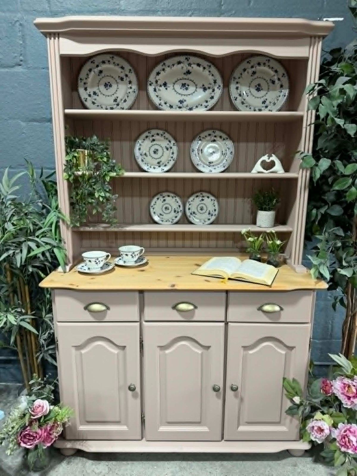 Available Professionally Upcycled Painted Pine Welsh Dresser Dusty Pink Damask photo buy