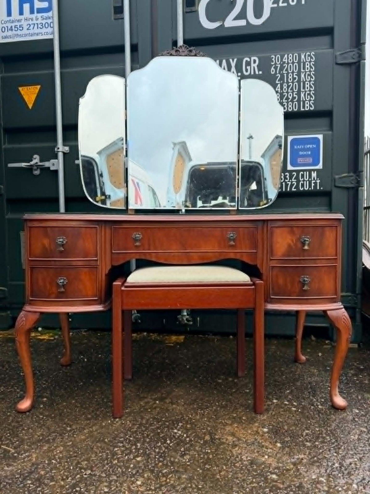 Vintage Dressing Table With Triple Mirror And Stool Ready To Upcycle