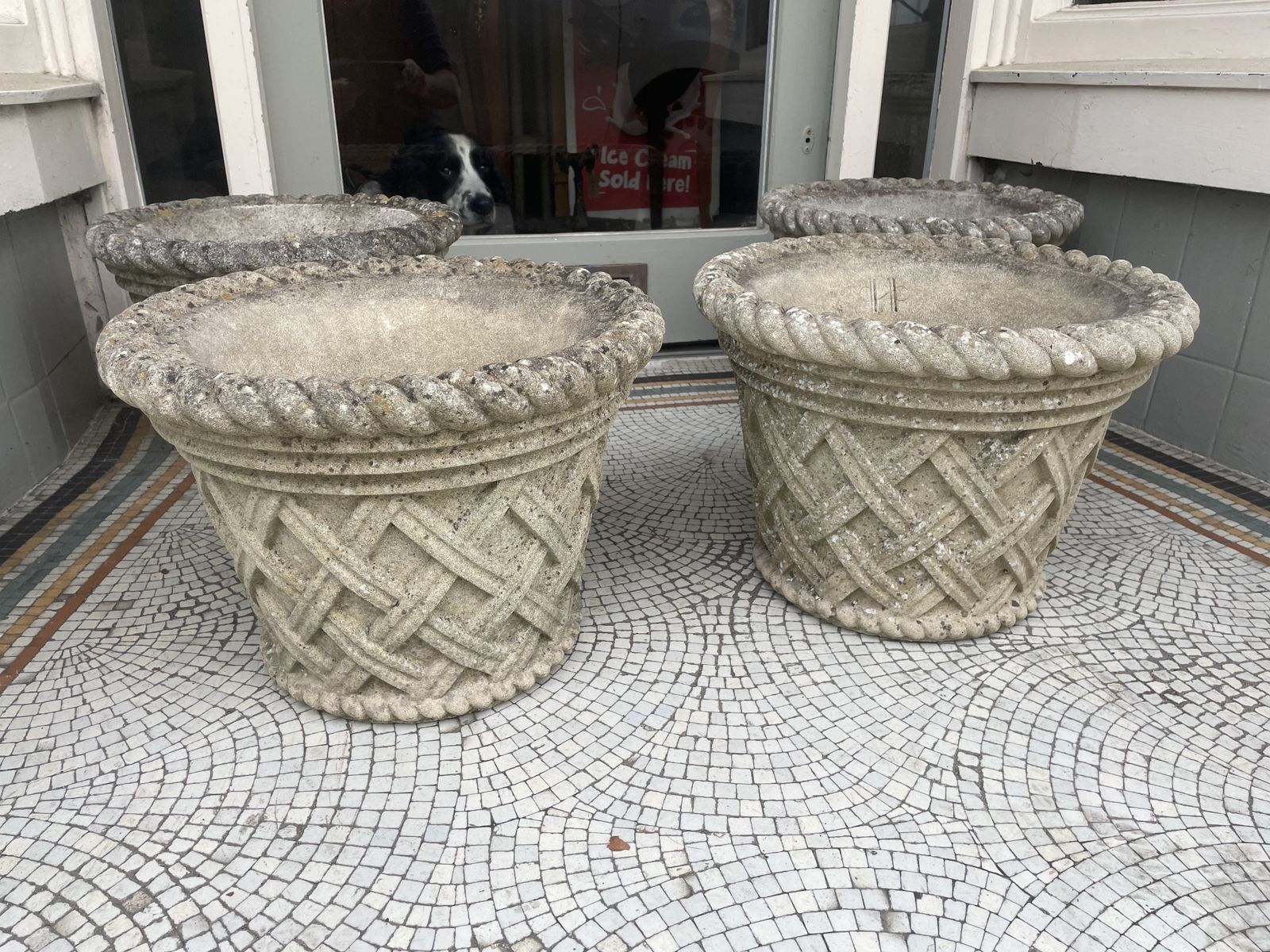 Vintage Group Of 4 Quality Haddonstone Weathered Basket Weave And Rope Edge  Planters photo for sale