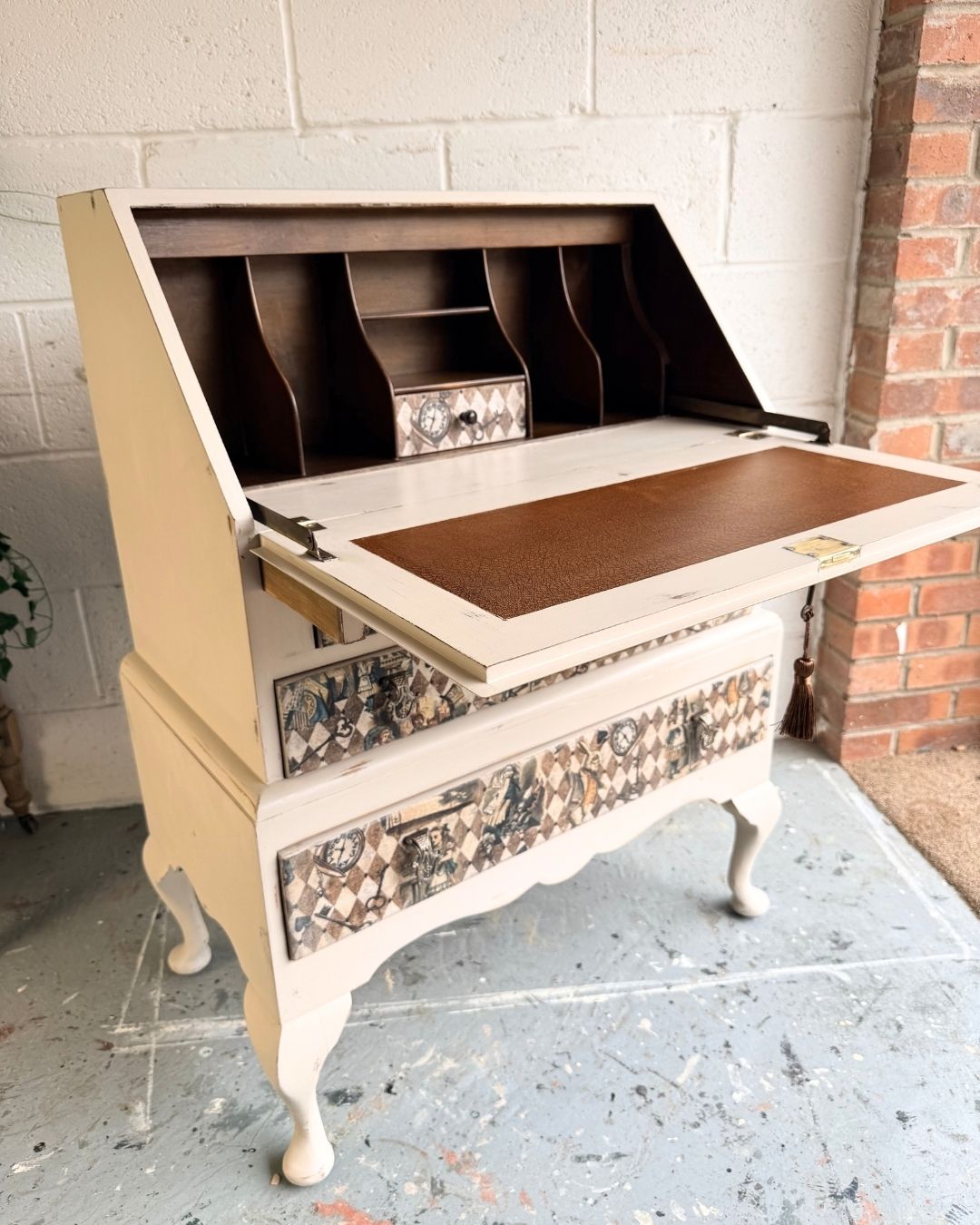 Alice In Wonderland Vintage Bureau | Hand Painted Writing Desk | Distressed Cream Secretary | Decoupage photo vinterior