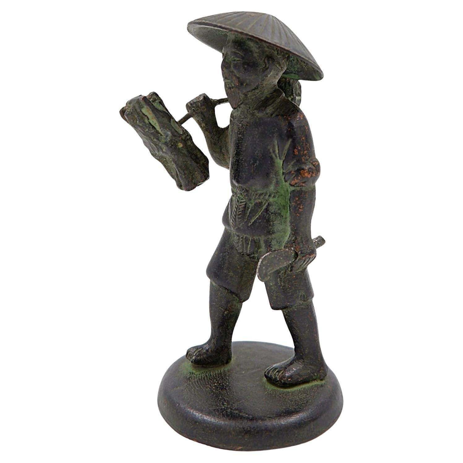Asian Farmer Bronze Figurine, 19th Century Folk Art Sculpture, Vietnam