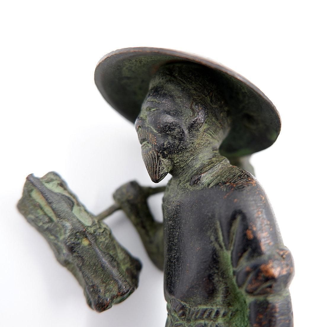 Asian Farmer Bronze Figurine, 19th Century Folk Art Sculpture, Vietnam photo for sale