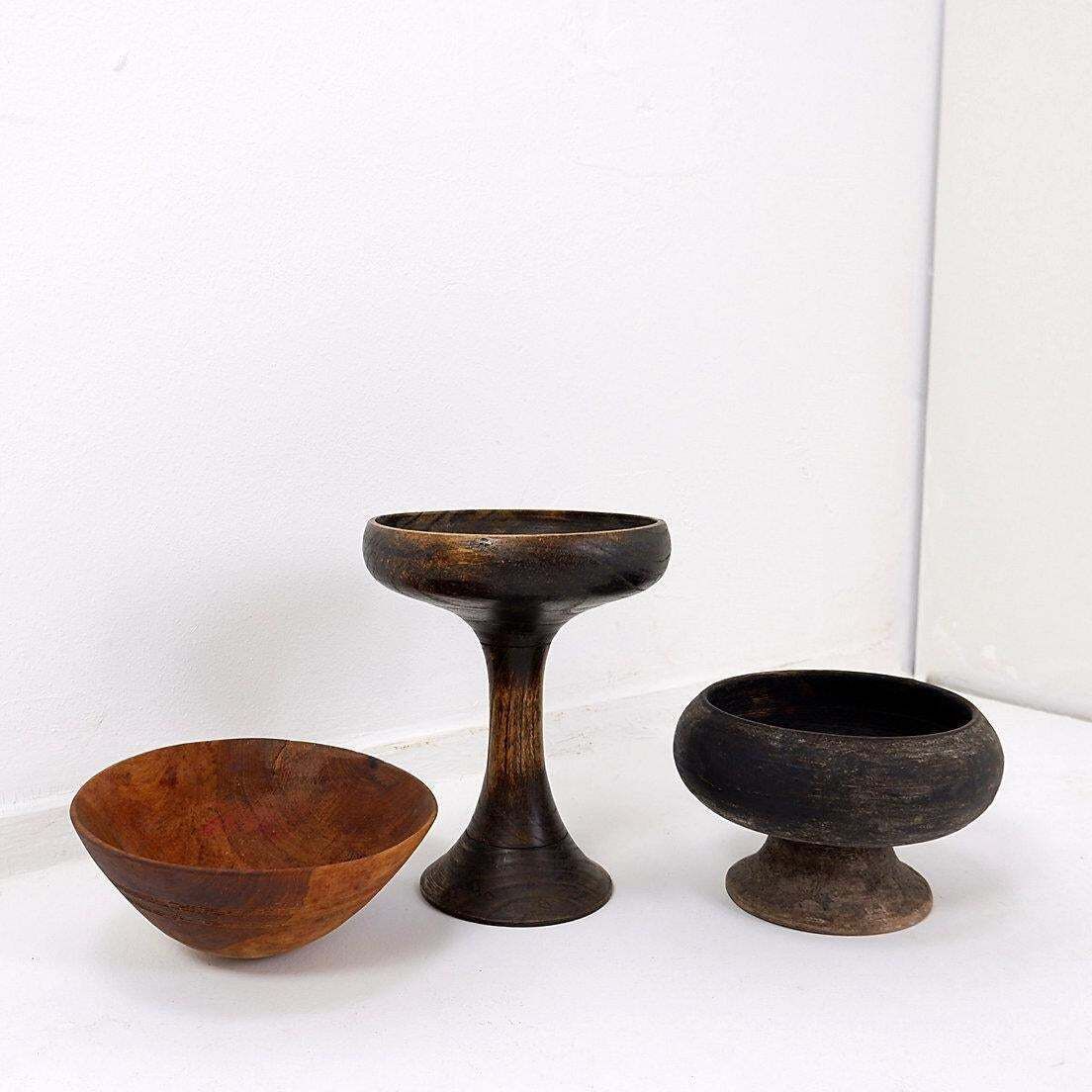 Set Of 3 Wabi Sabi Wooden Cups And Bowls, Folk Art, 20th Century photo for sale