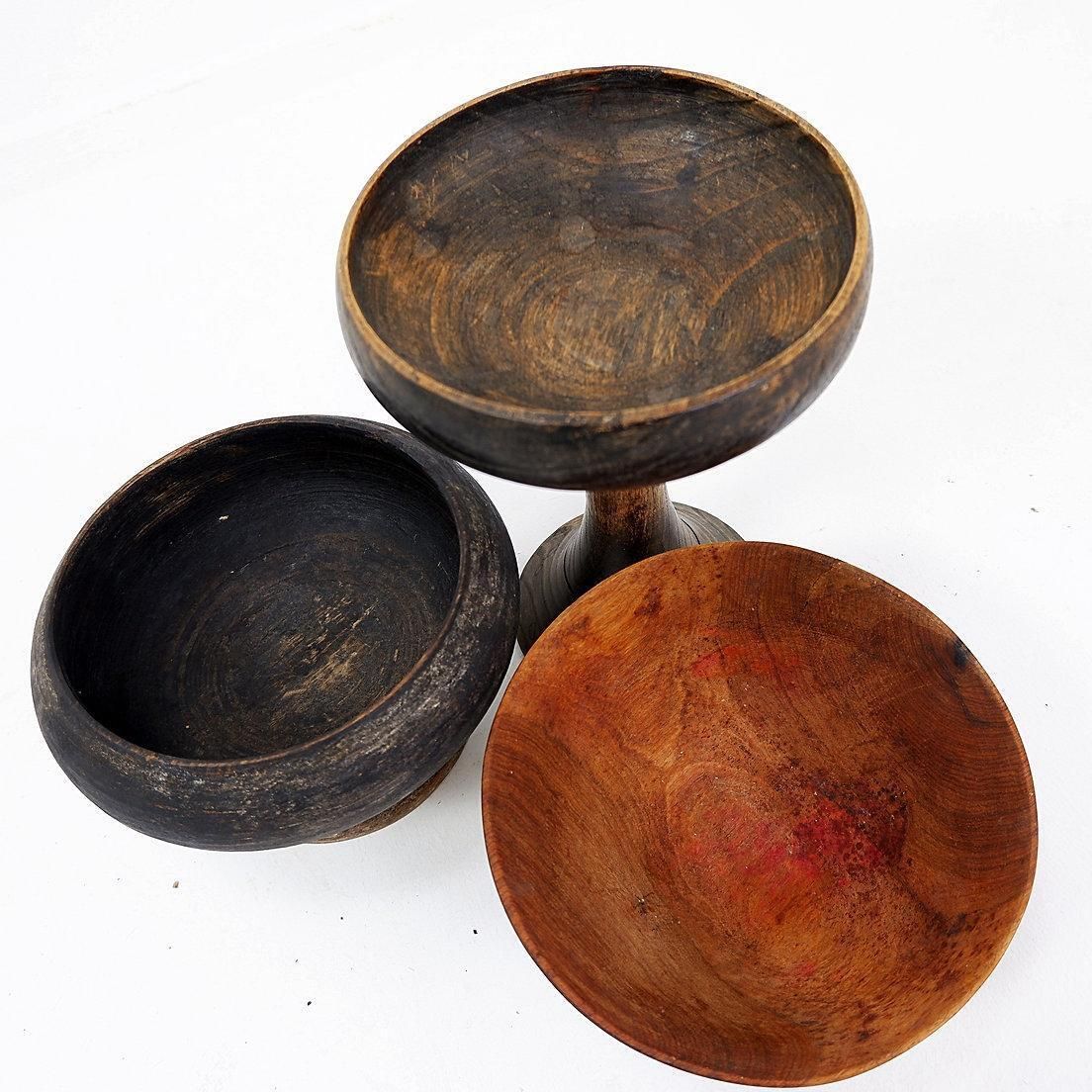 820.0 Set Of 3 Wabi Sabi Wooden Cups And Bowls, Folk Art, 20th Century photo