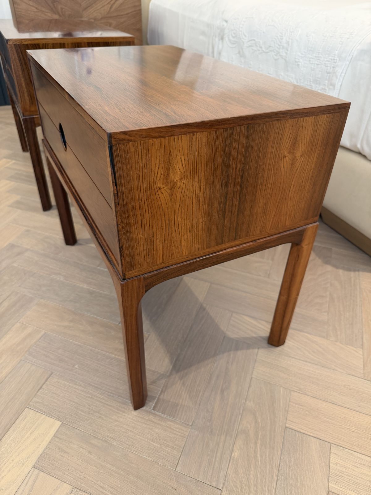 photo for sale Pair (2 Piece) Danish Mid Century Rosewood Nightstands By Aksel Kjersgaard