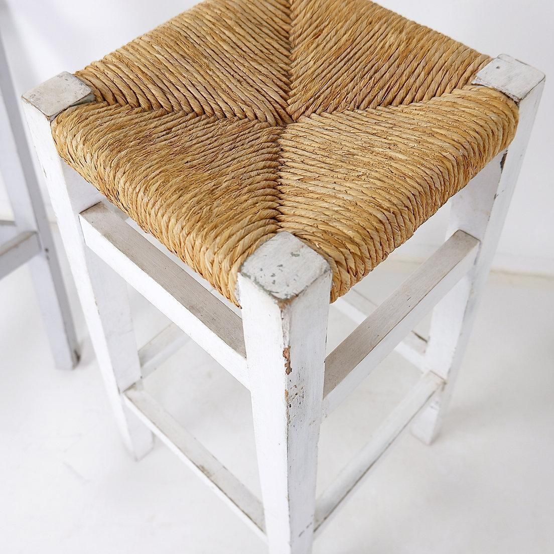Set Of 3 Vintage Wood Framed Rush Seat Bar Stools, Circa 1960 photo Furniture