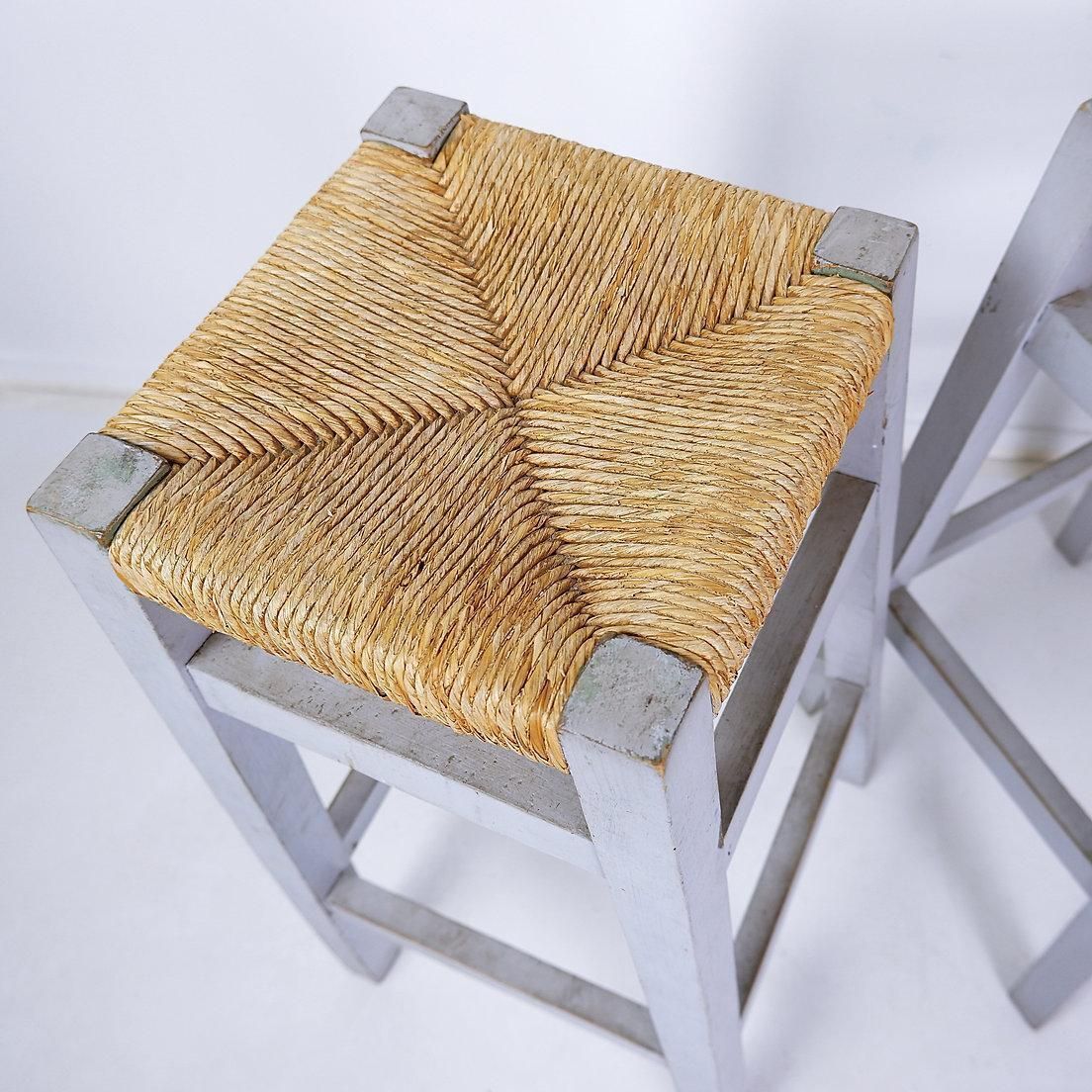 Set Of 3 Vintage Wood Framed Rush Seat Bar Stools, Circa 1960 photo vintage