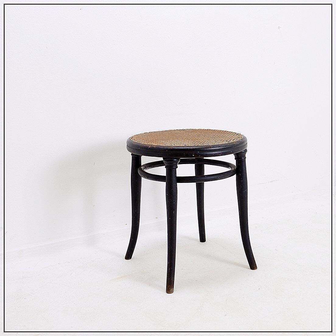 photo buy Thonet Black Bentwood Stool, Cane & Wood, Art Deco Style, Europe, 1920