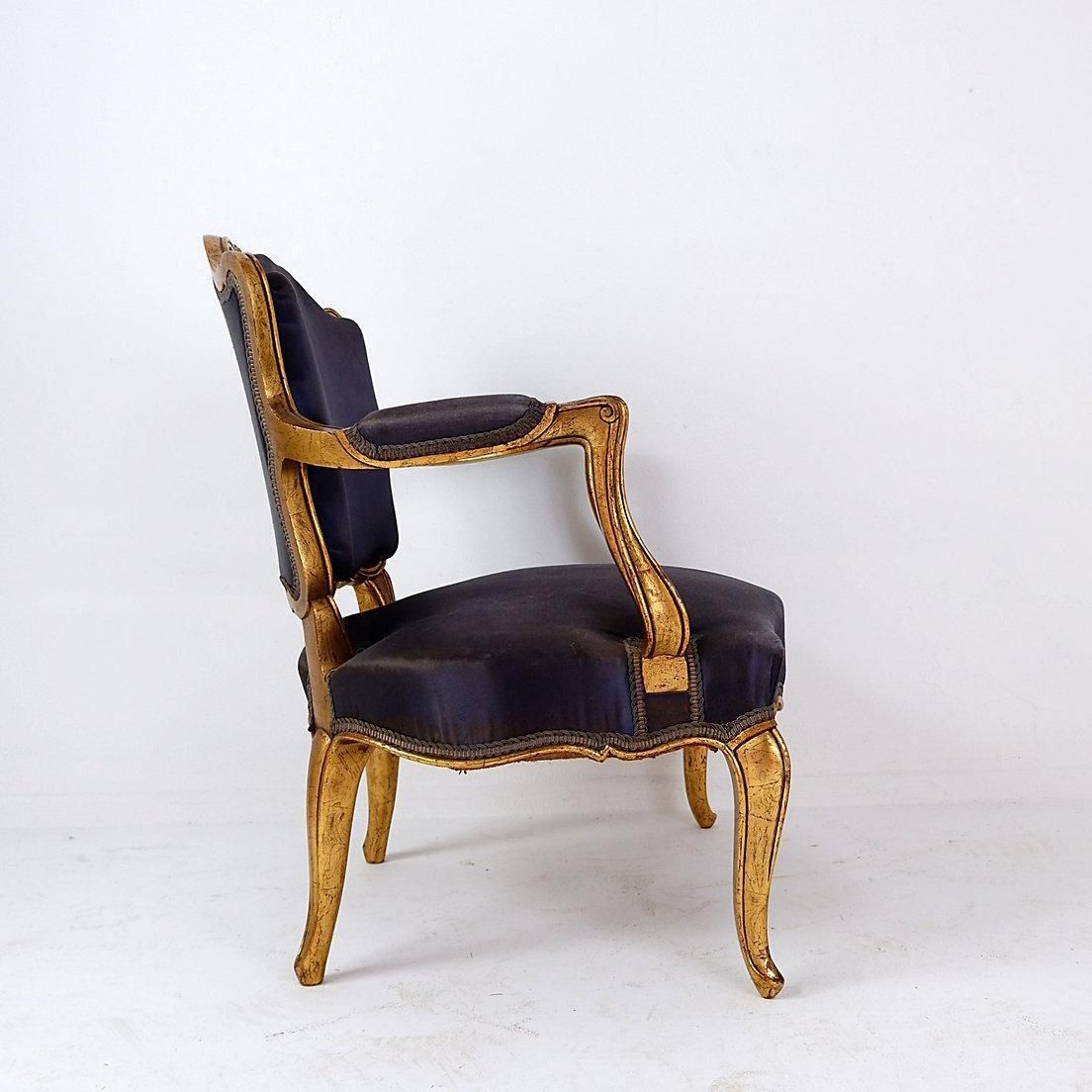 Louis XV Style Armachairs With Original Navy Blue Silk Upholstery   20th photo vinterior