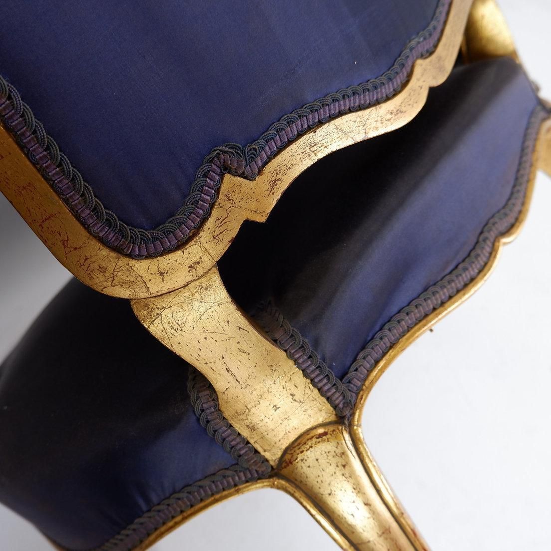 photo furniture Louis XV Style Armachairs With Original Navy Blue Silk Upholstery   20th
