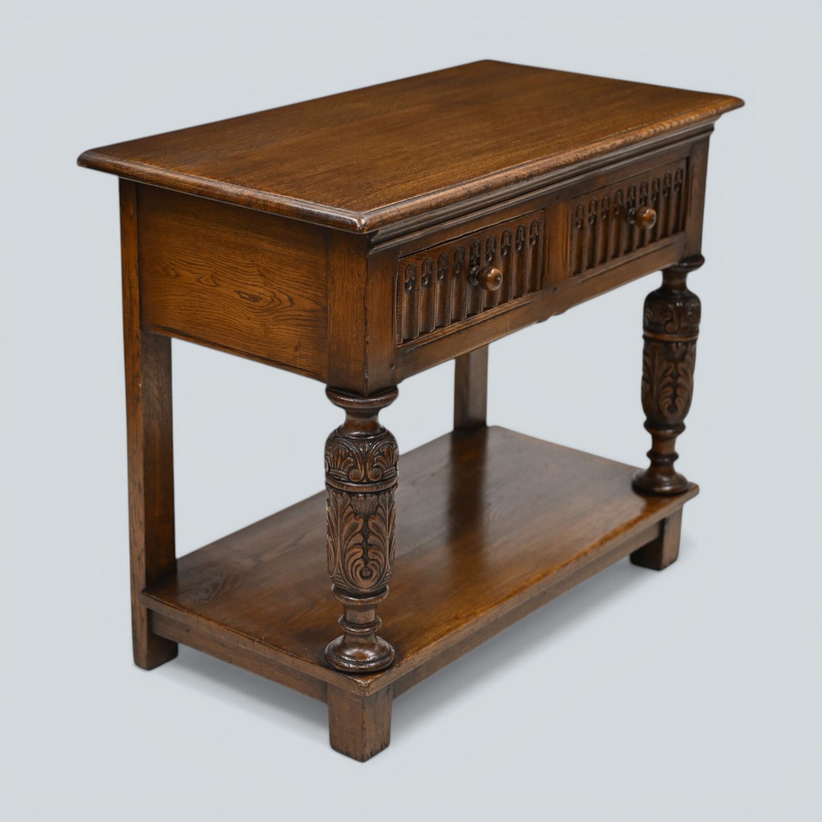 photo furniture Oak Hall Table 2 Drawers Lower Tier Carved Front Legs Free Uk Delivery