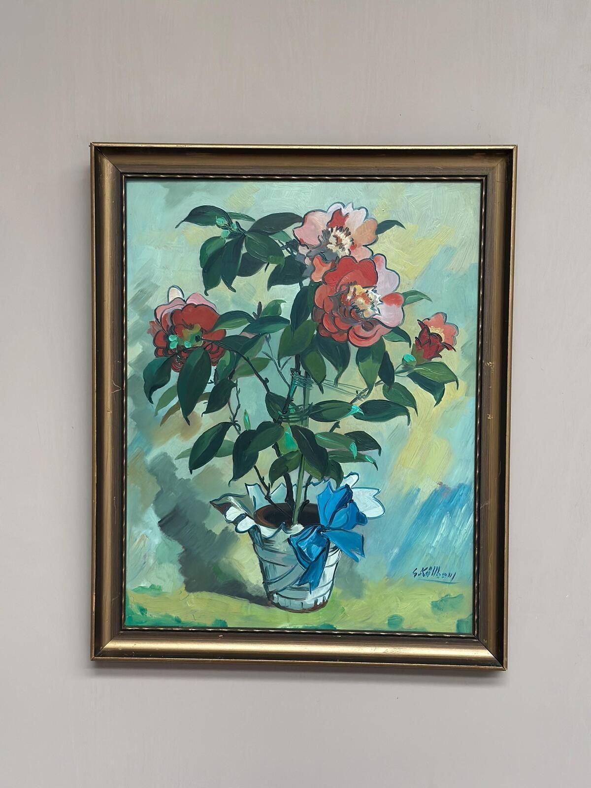 photo vintage Original Mid Century Swedish Oil On Panel – "Flower Motif In Pot” By G. Källbom – Vintage & Framed – 50 × 67 Cm (19.7" × 26.4")