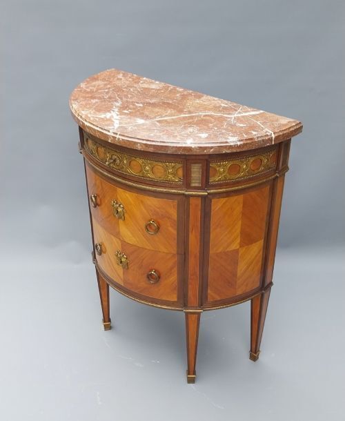 French Antique Demi Lune Chest Of Drawers Marble Top With Gilded Mounts photo for sale