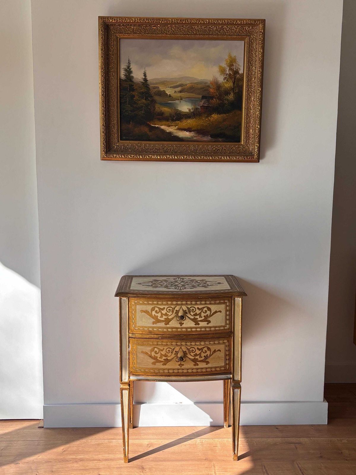 photo for sale Vintage Landscape Oil Painting Signed Börner, Framed European Pastoral Lake Scene In Ornate Gold Frame, Rustic Cottage Wall Art