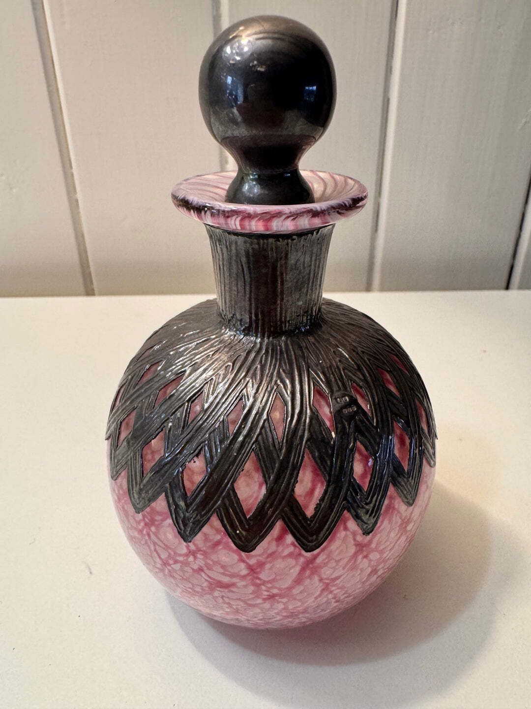 Vintage Sileda Ltd Silver Overlay Art Deco Style Hand Blown Pink Glass Perfume Bottle With Stopper photo vintage