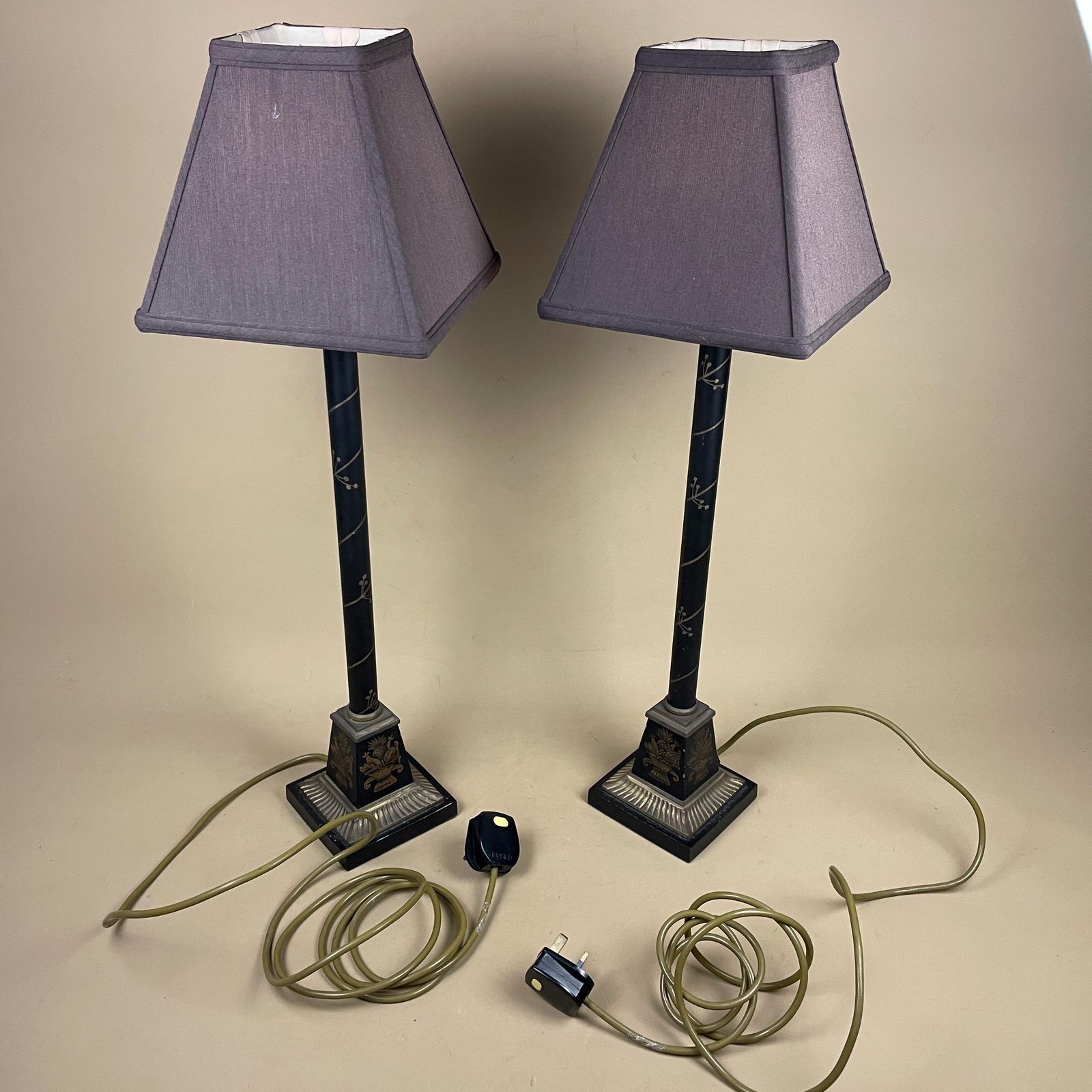 photo for sale Black Hand Painted Lamps Pair Vintage Tall Neoclassical Style Table Lamps With Shades Hollywood Regency Black Gold Column