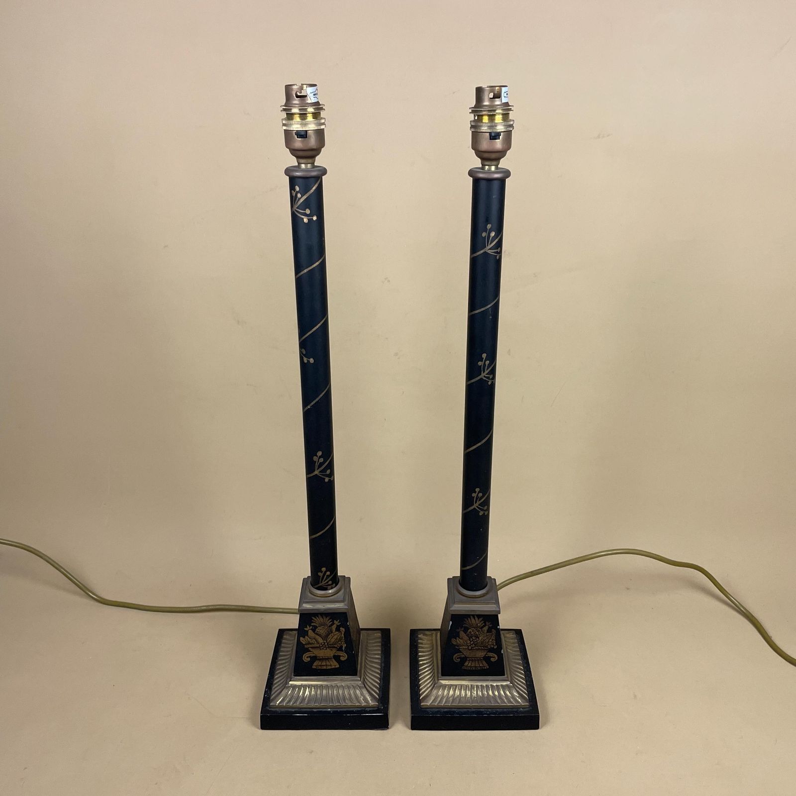 photo buy Black Hand Painted Lamps Pair Vintage Tall Neoclassical Style Table Lamps With Shades Hollywood Regency Black Gold Column