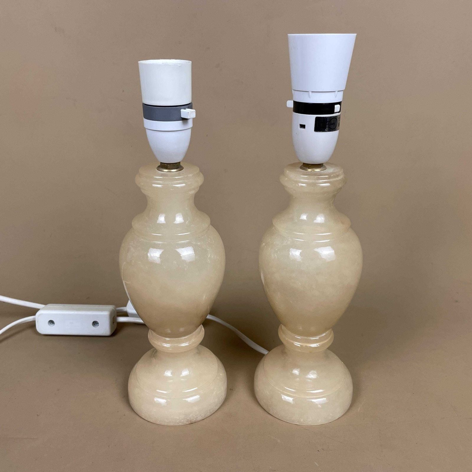 Pair Marble Table Lamps Cream Base Onyx Light Stone Small Vintage Italian Mid Century Style