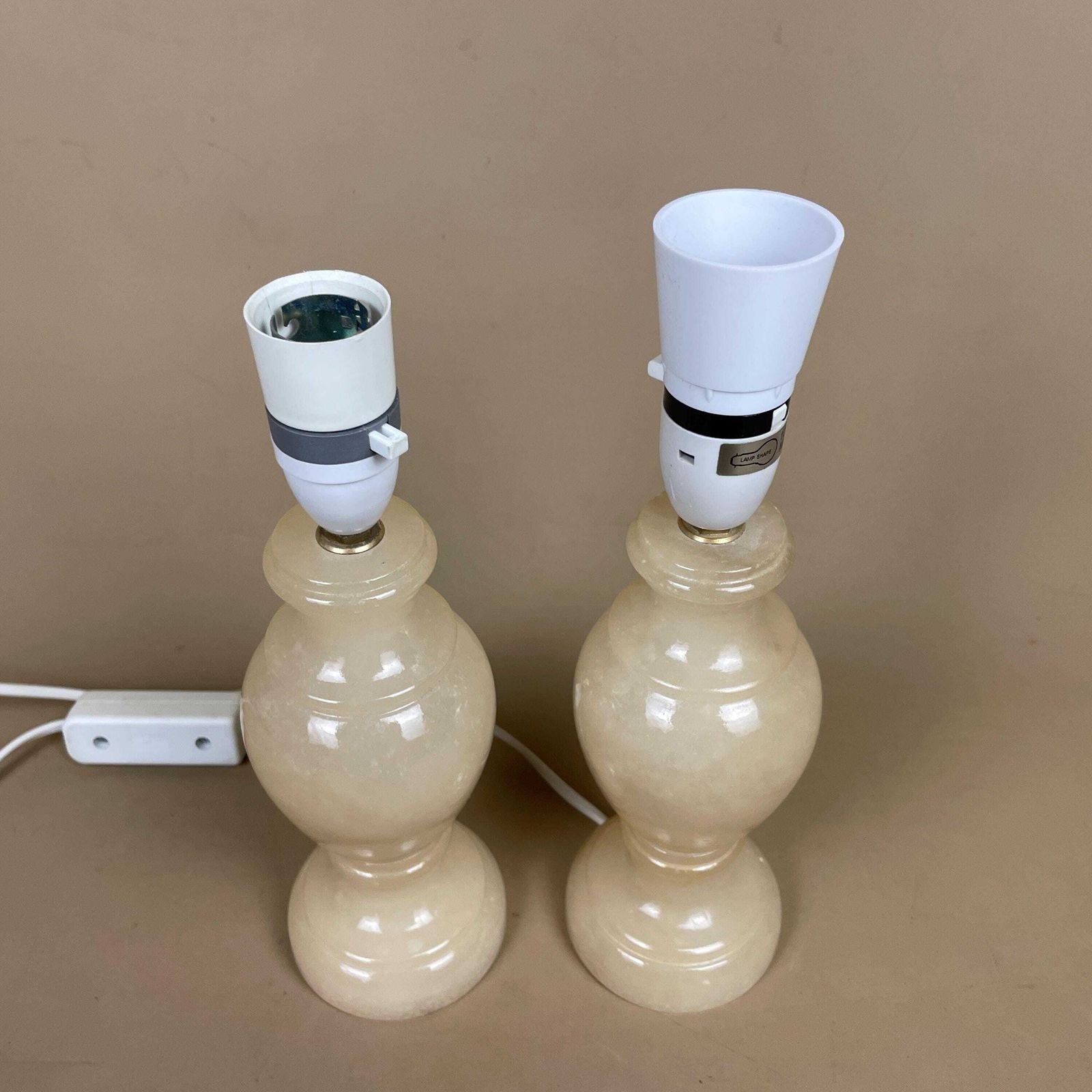 Pair Marble Table Lamps Cream Base Onyx Light Stone Small Vintage Italian Mid Century Style photo Lighting