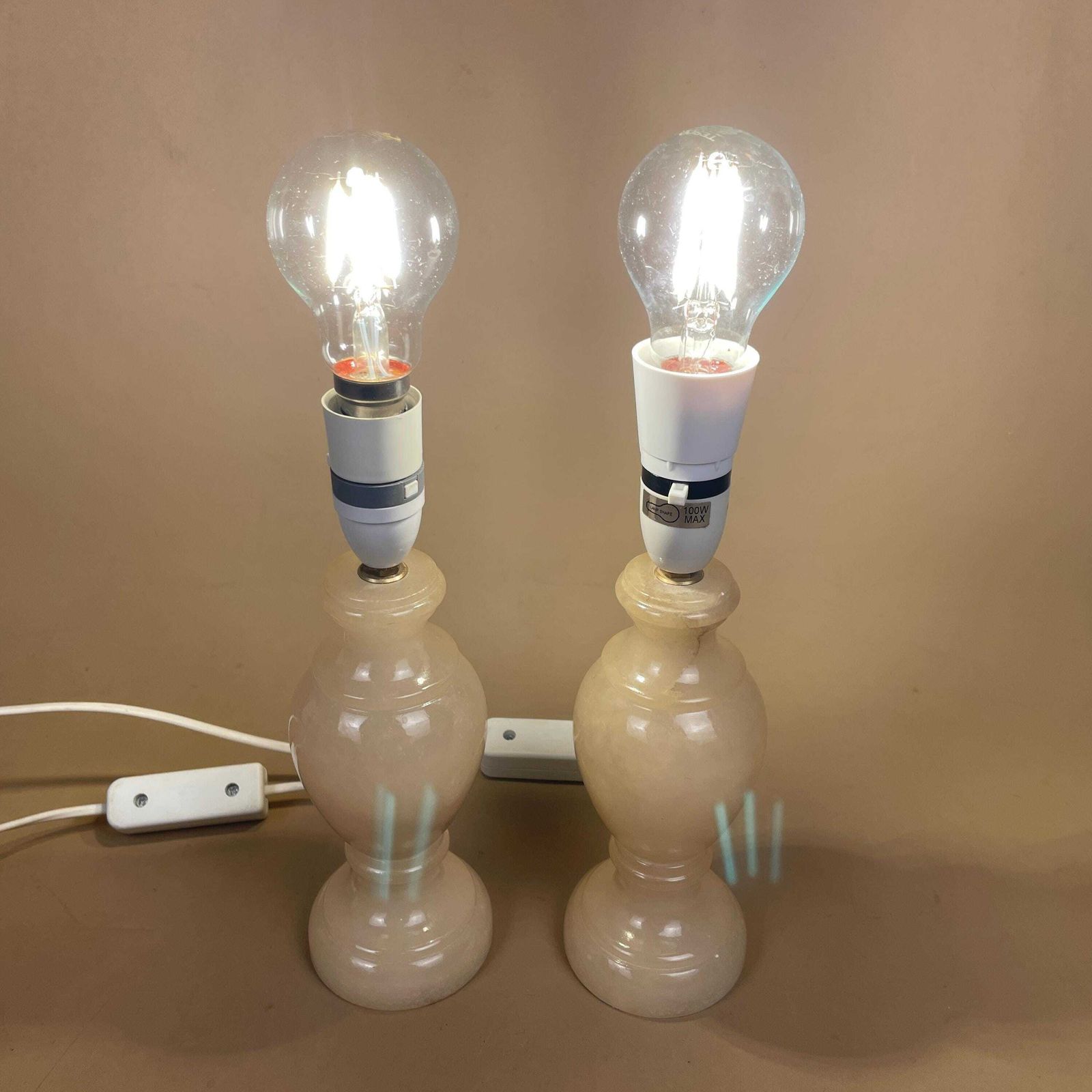 Pair Marble Table Lamps Cream Base Onyx Light Stone Small Vintage Italian Mid Century Style photo buy