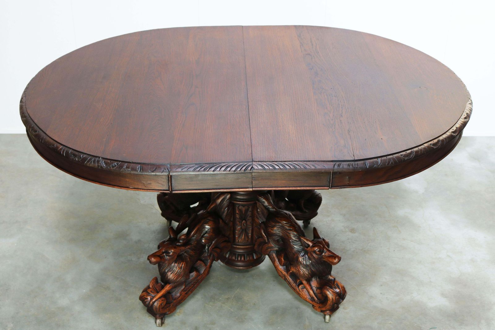 19th Century French Antique Oak Oval Dining Hunt Table Black Forest Animal Lodge photo vinterior