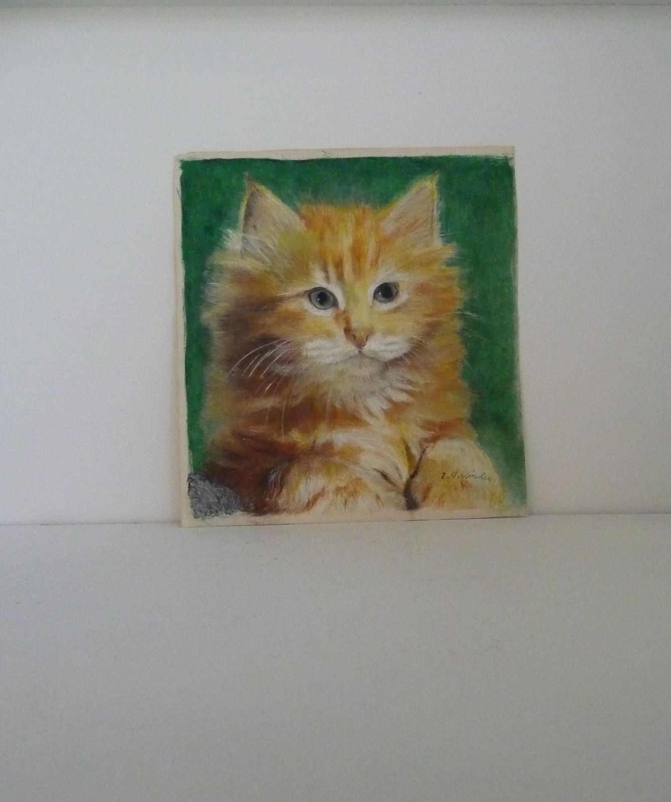 Mixed Media Art In Walnut Frame Ginger Cat Portrait: Early 20th Century photo for sale