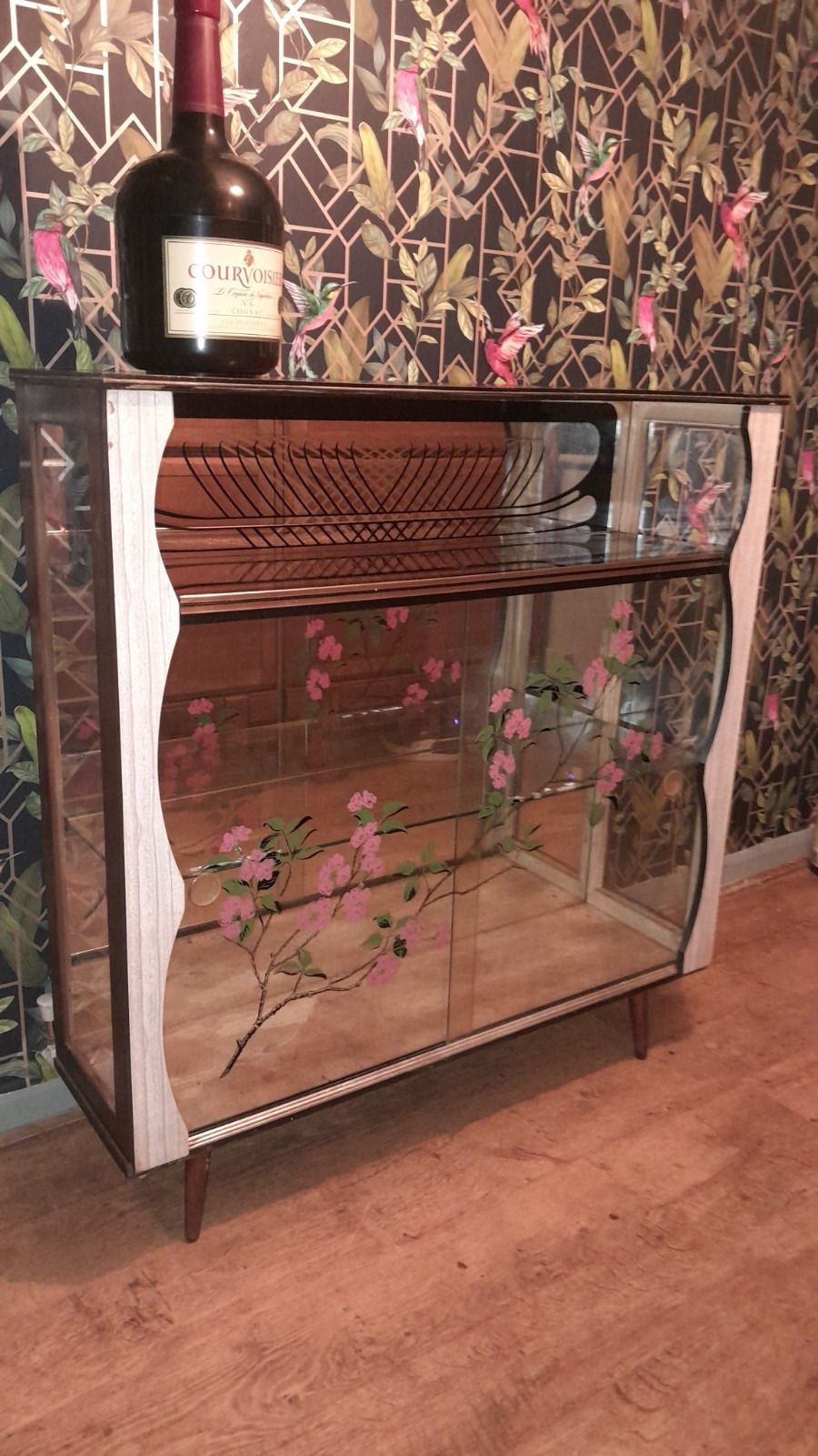 Mid Century 1950s Glass Cocktail/Display Cabinet With Floral Glass Sliding Doors