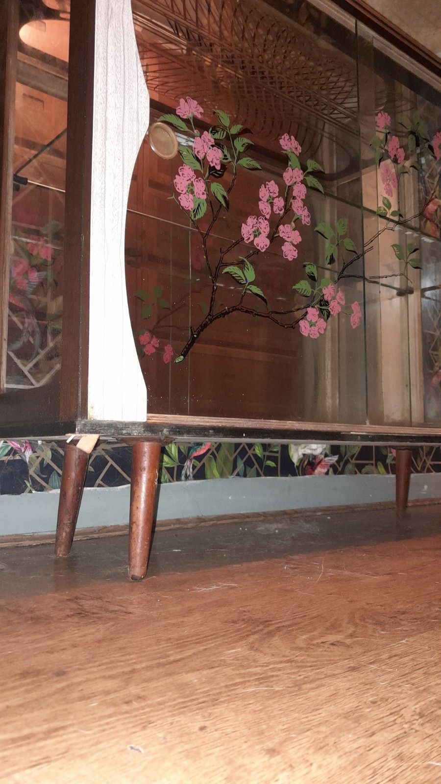 Mid Century 1950s Glass Cocktail/Display Cabinet With Floral Glass Sliding Doors photo Furniture