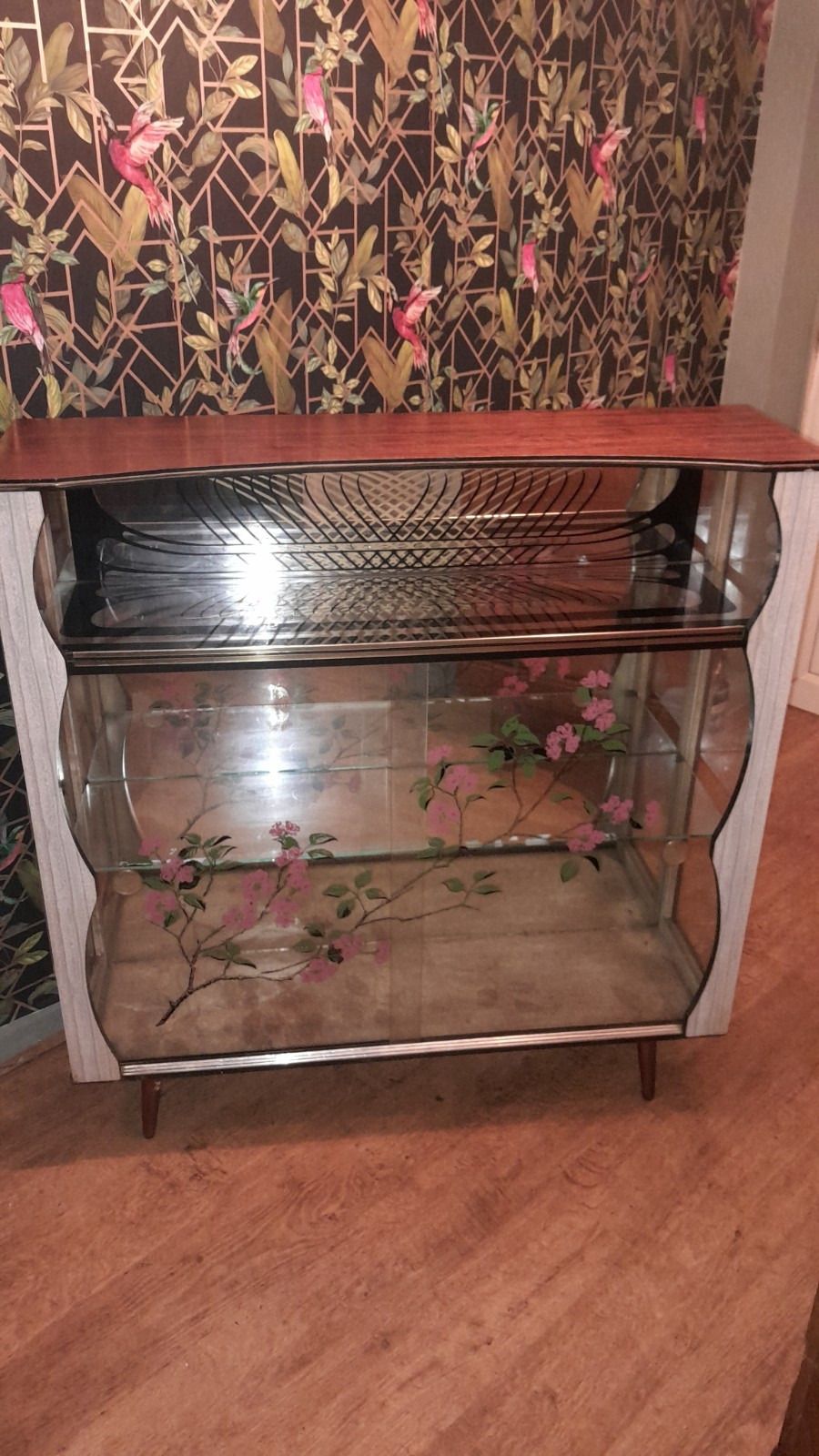 Mid Century 1950s Glass Cocktail/Display Cabinet With Floral Glass Sliding Doors photo vintage