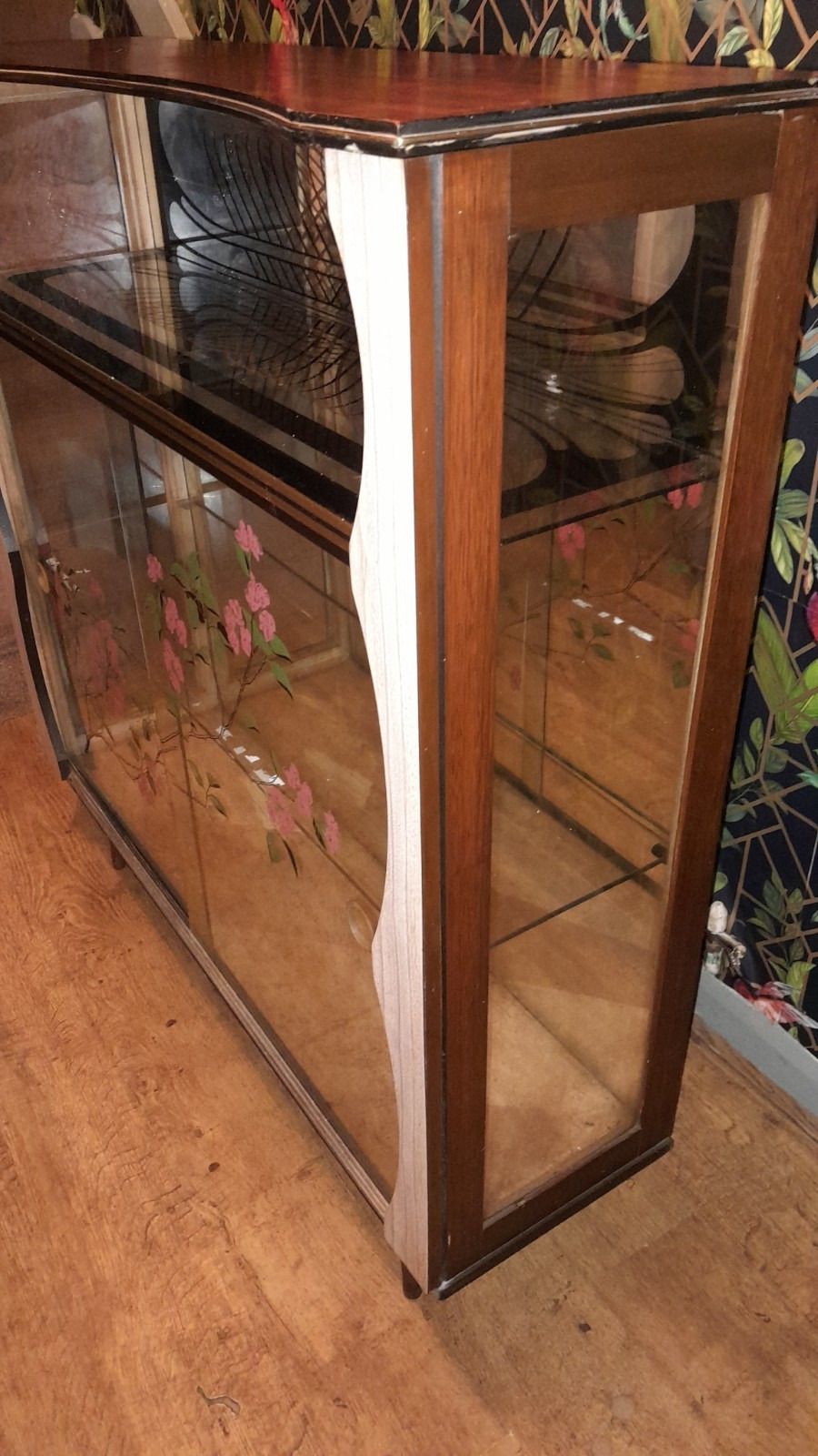 photo for sale Mid Century 1950s Glass Cocktail/Display Cabinet With Floral Glass Sliding Doors