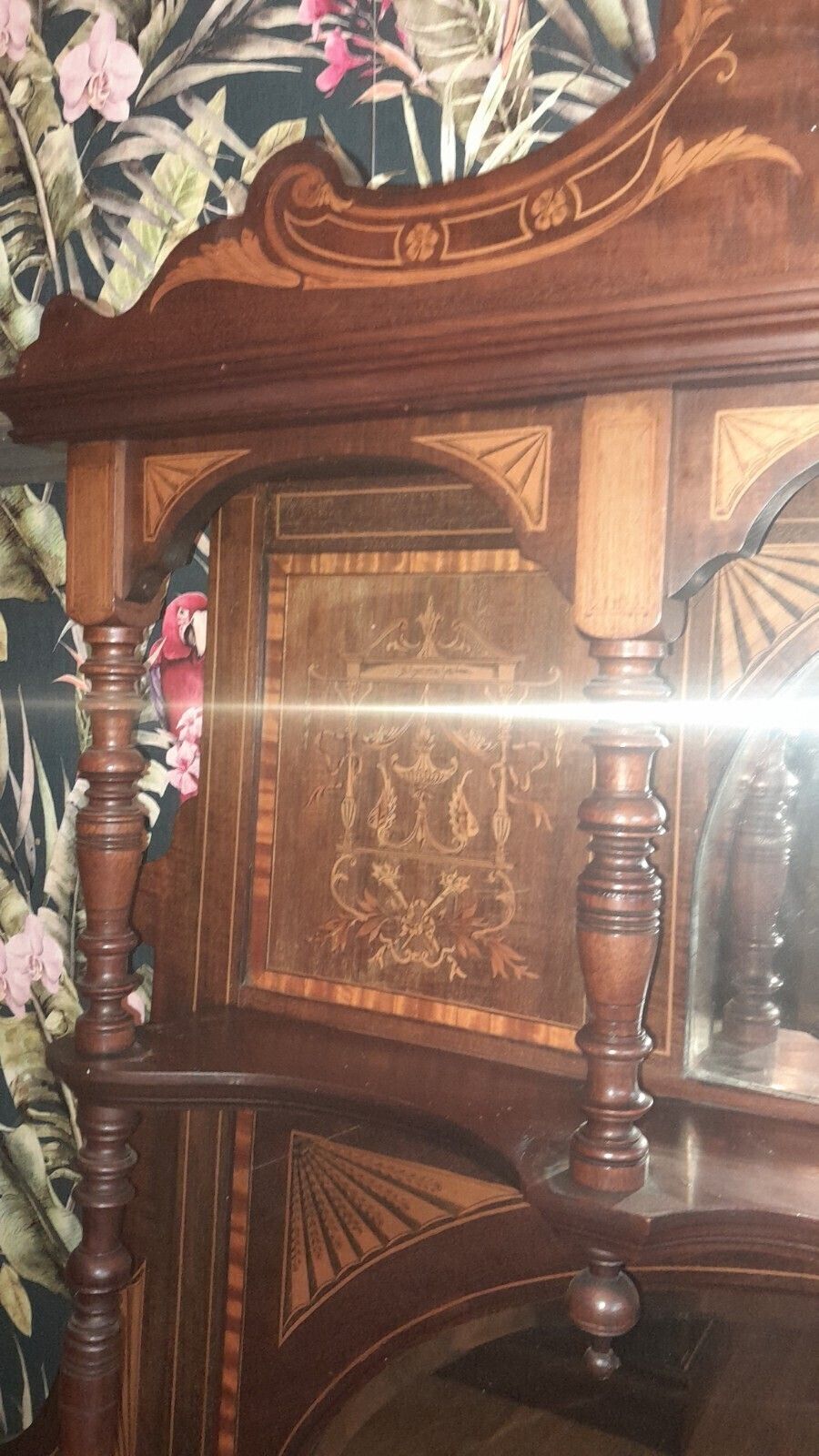 Antique Large Inlayed Mahogany Overmantel 2 Mirrors And 3 Shelves photo vinterior