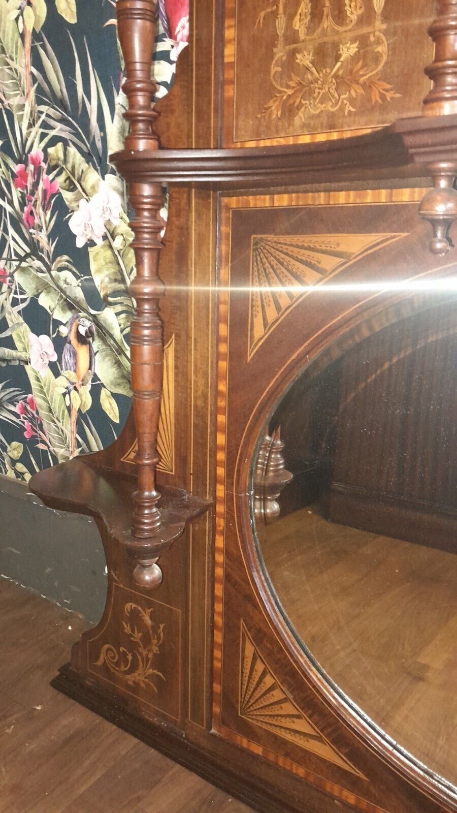 Antique Large Inlayed Mahogany Overmantel 2 Mirrors And 3 Shelves photo buy