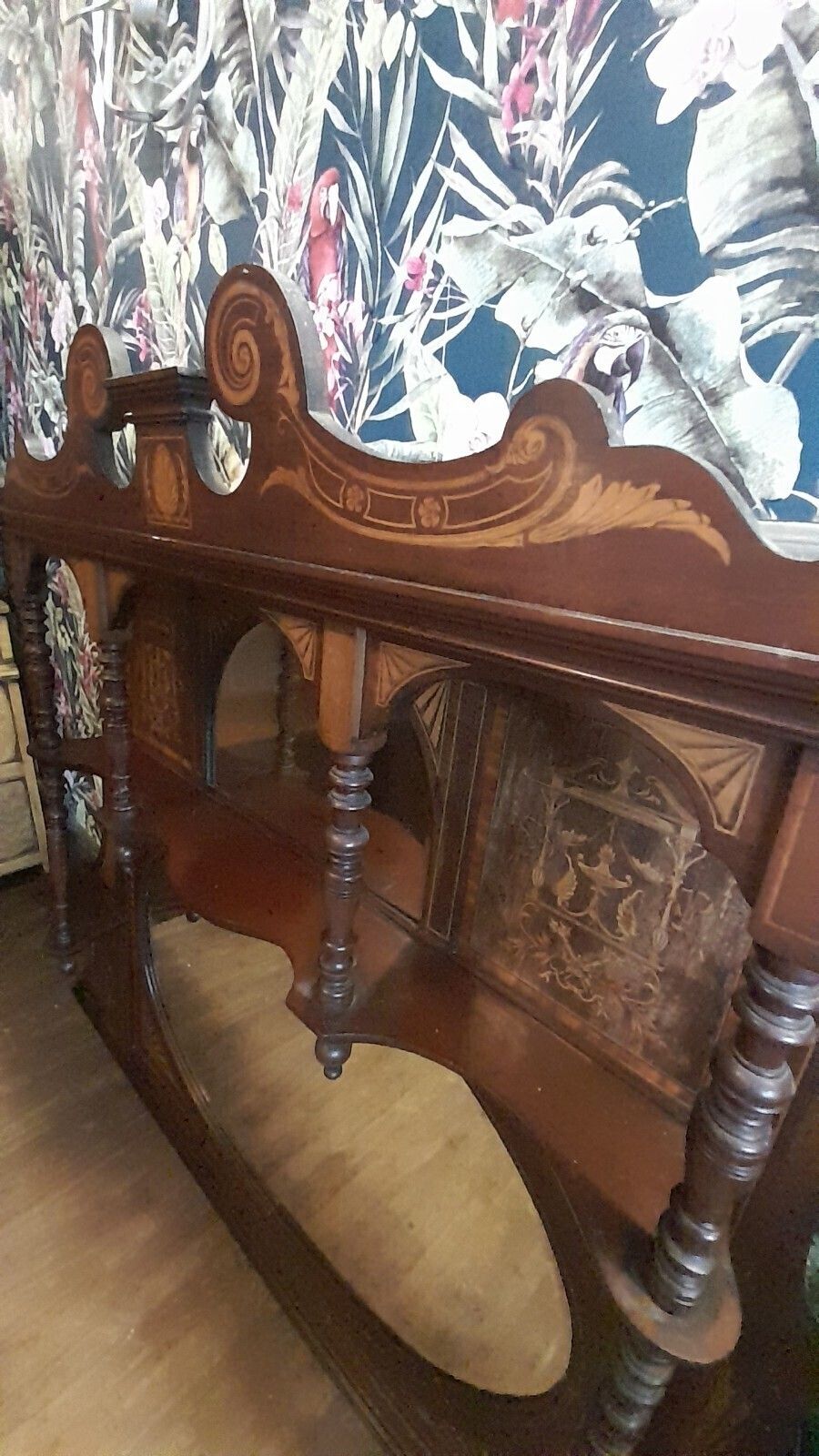 photo for sale Antique Large Inlayed Mahogany Overmantel 2 Mirrors And 3 Shelves