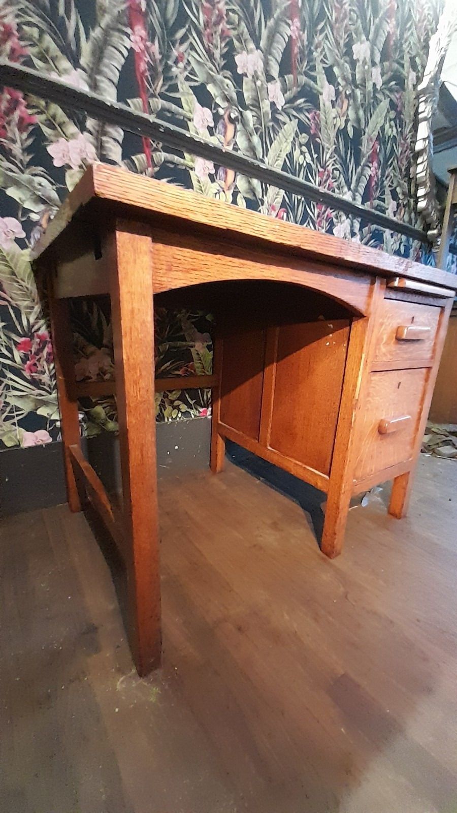 Mid Century Oak Small Desk With 2 Drawers And Pull Out Shelf photo for sale