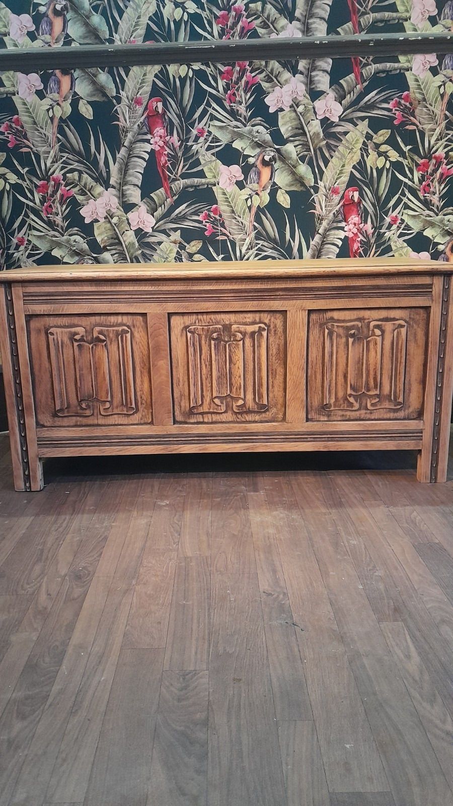 Vintage Solid Carved Oak Blanket Chest With Hinged Lid
