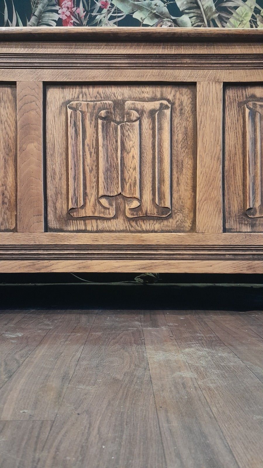 Vintage Solid Carved Oak Blanket Chest With Hinged Lid photo for sale