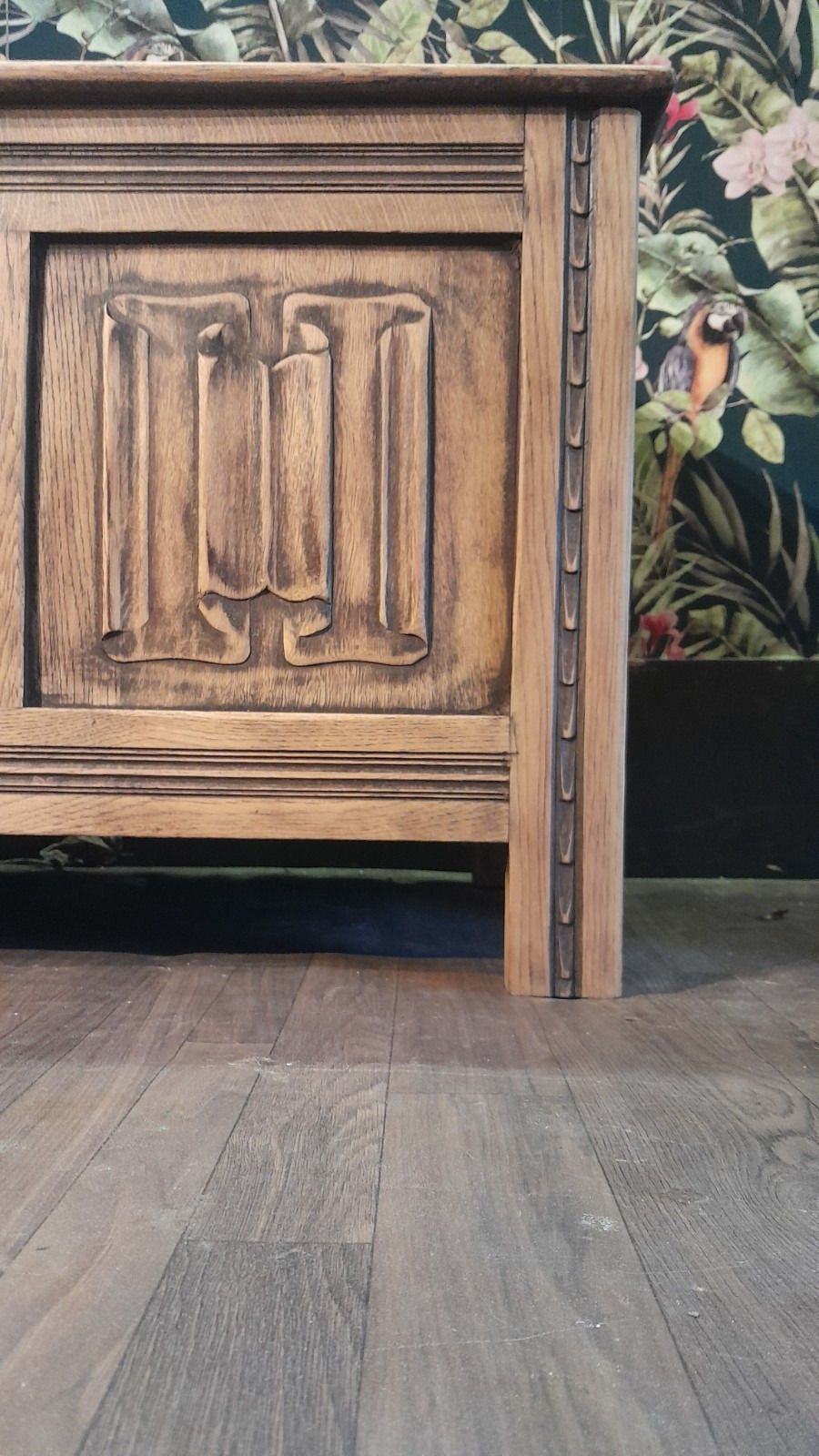 Vintage Solid Carved Oak Blanket Chest With Hinged Lid photo Furniture