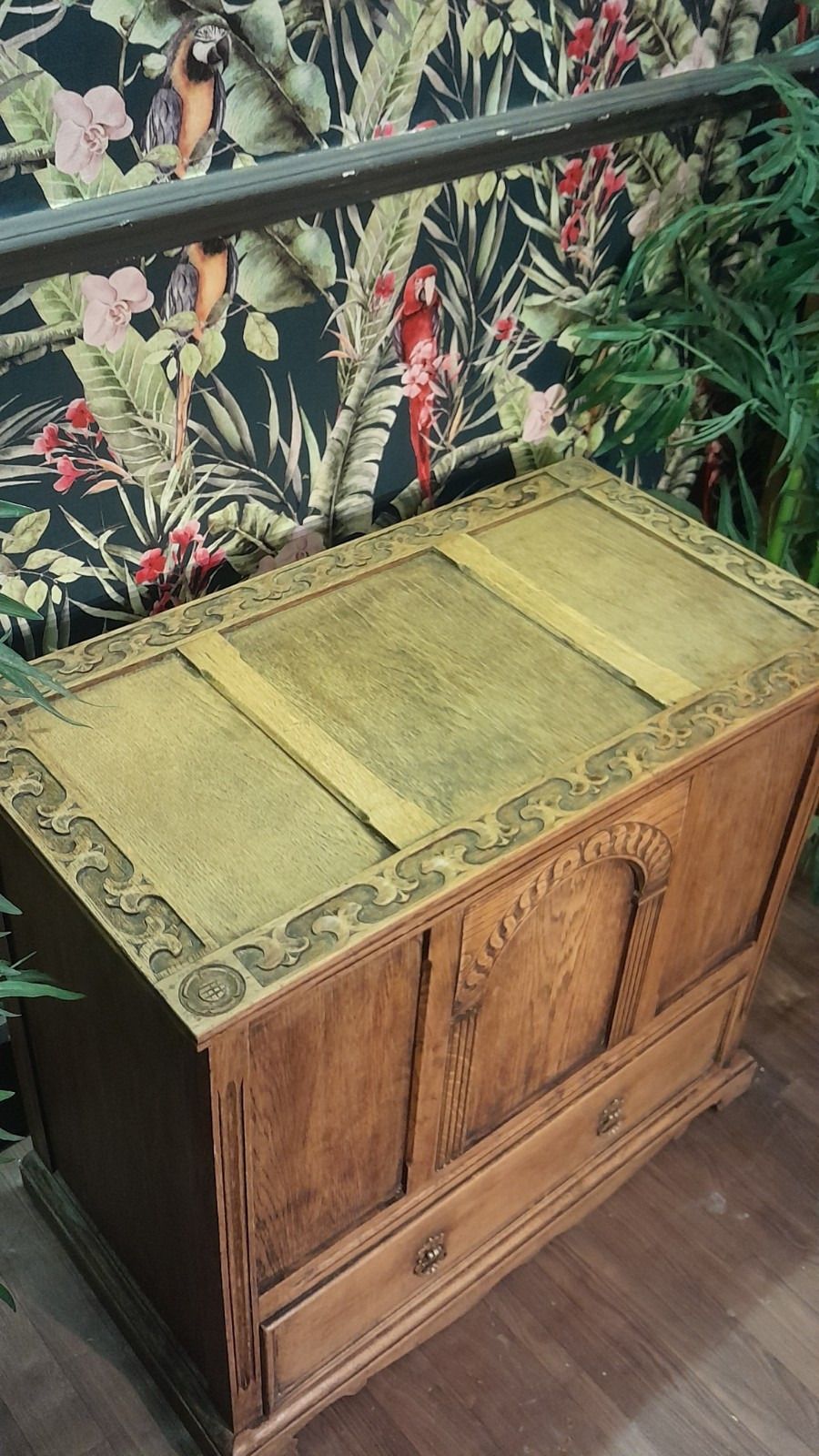 Vintage Solid Light Carved Oak Blanket Box With Hinged Lid And Drawer photo for sale